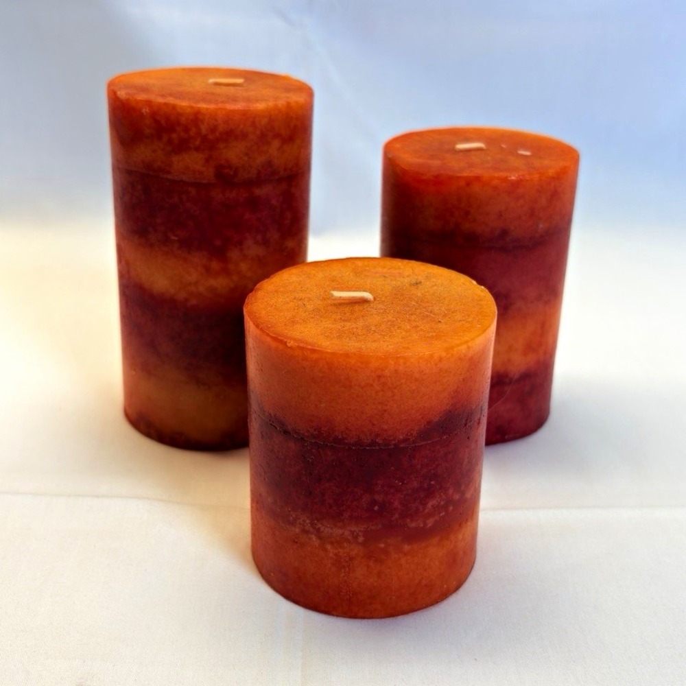Set of 3 Orange/Red Layered Round Pillar Wax Candles Single Wick S2-599